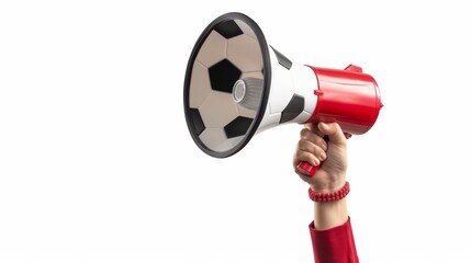 Naklejka premium Hand holding soccer-themed megaphone with copy space