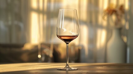 Obraz premium A wine glass is sitting on a table in a room with a vase of flowers in the backg