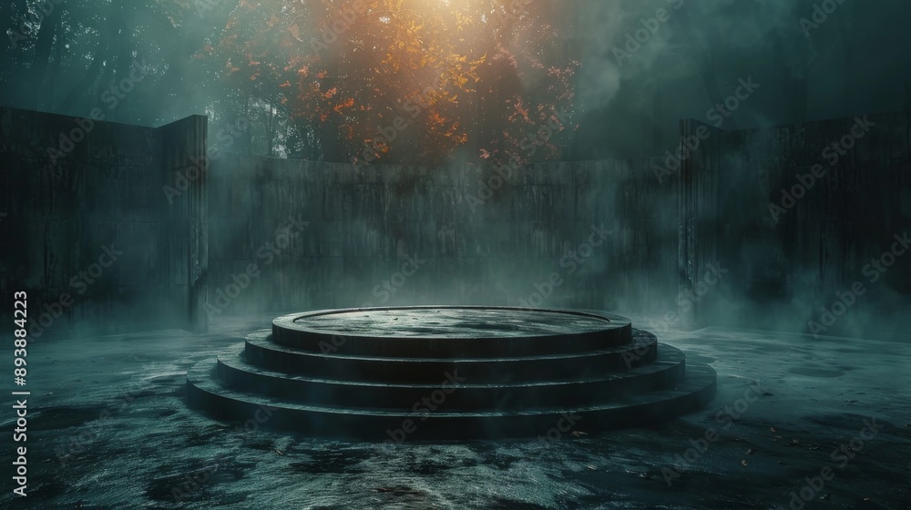 Poster a circular concrete platform with steps set in a misty forest illuminated by sunlight