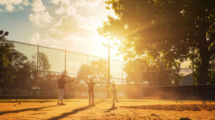 A serene moment on a baseball field with the sun setting, casting a warm glow over a coach guiding young players, capturing the spirit of mentorship and teamwork.