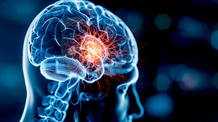 A detailed 3D illustration of the human brain highlighting neural activity, representing neuroscience, medical research, and mental health.