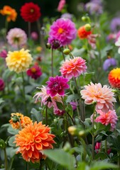 Colorful Dahlia Flowers Blooming in Garden