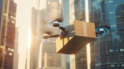 A drone carries a package through a futuristic cityscape at sunset, highlighting advanced delivery technology.