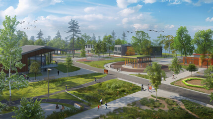 Fototapeta premium People enjoy a sunny day in a modern park surrounded by mixed-use buildings, showcasing an idyllic urban environment.