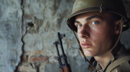 Fototapeta premium A young soldier with scars on his face and wearing a helmet, positioned against a rugged, stone background, reflecting resilience and bravery.