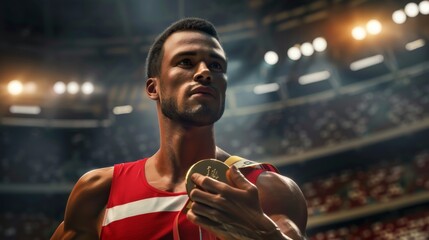 Fototapeta premium A man holding a gold medal in a stadium