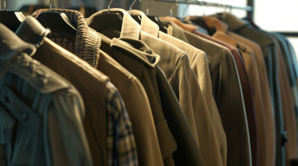 Obraz premium A close-up view of a row of neatly hung jackets, emphasizing different textures and designs, under soft ambient lighting, creating a cozy and organized feel.
