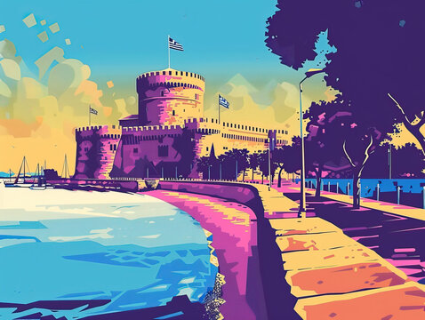 Risograph retro riso print travel poster, card, wallpaper or banner illustration, modern, isolated, clear, simple of Thessaloniki, Greece. Artistic, screen printing, stencil