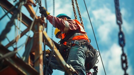 Worker on the construction of a cable-stayed bridge