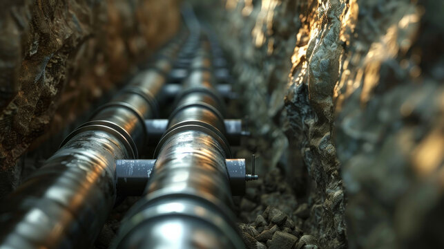 Two large pipes run parallel within a rocky trench, highlighting the industrial construction process and engineering expertise.