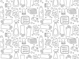 Doodle Cleaning elements seamless pattern. Black and white illustration. Outline drawn Sponge, brush, spray, gloves, bubbles. Cleaning service Background. Spring clean elements in sketch style 