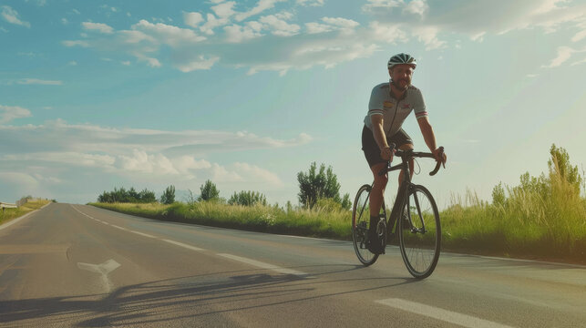 A cyclist riding on a deserted highway under a partially cloudy sky, capturing a sense of freedom and adventure.