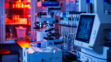A high-tech laboratory illuminated in red and blue lights, featuring advanced equipment and machines, showcasing a cutting-edge environment.