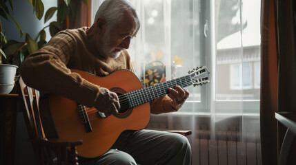 An elderly man strums an acoustic guitar by the window in a warmly lit room, expressing his passion for music and creating a sense of peace and reflection.