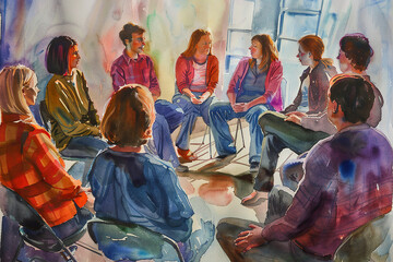 A group of people sitting in chairs in a room with a painting of them.
