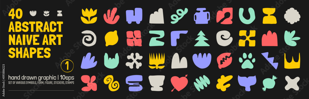 Aufkleber Collection of various hand drawn bizarre abstract geometric unusual shapes, forms in matisse art style, Childish freehand aesthetic, Vector naive doodle primitive object and graphic elements, set 1
