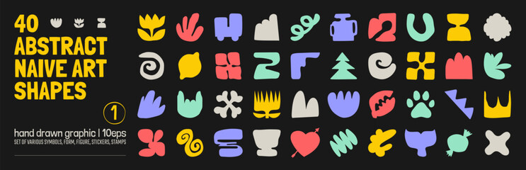 Collection of various hand drawn bizarre abstract geometric unusual shapes, forms in matisse art style, Childish freehand aesthetic, Vector naive doodle primitive object and graphic elements, set 1
