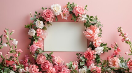 Obraz premium A blank card surrounded by pink and white flowers on a pink background