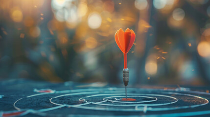 A heart-shaped red dart embedded in a target, surrounded by a dreamy, ethereal atmosphere with bokeh lights and nature in the background.