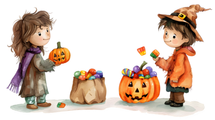 Halloween Candy Trading, Fun and Festive Exchange of Sweet Treats, Exciting Childhood Tradition, png file, isolated on white