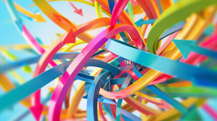 An array of vivid arrows intertwines in a dynamic, colorful composition against a bright blue background, evoking movement and energy.