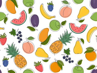 Tropical garden fruit berry seamless pattern. Doodle abstract outline food illustration. Healthy eating summer Background for package, textile, cover, menu design. 