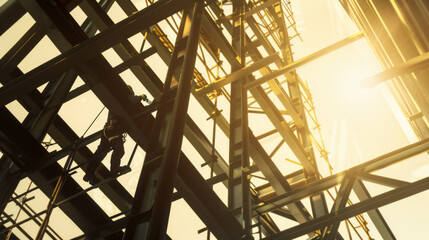 Silhouettes of construction workers framed against beams of steel, with sunlight streaming through creating a dramatic effect.
