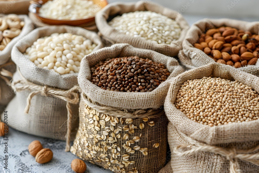 Poster a colorful array of grains and nuts in rustic burlap bags