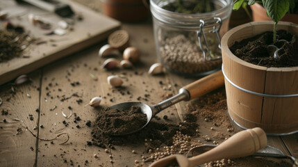 Rustic gardening setup with soil, seeds, and tools on a wooden table, evoking a sense of natural craftsmanship.