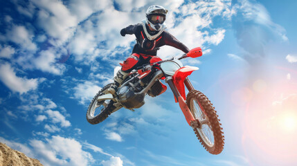 A motocross rider mid-air performing a stunt against a blue, partly cloudy sky, capturing the thrill and adrenaline of extreme sports.
