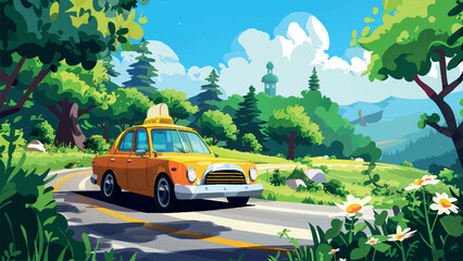 Yellow Taxi Driving Down Country Road Cartoon Environment Adventure Mobile Game Rural Landscape Scenic Route Colorful Car Journey Illustration Countryside Setting