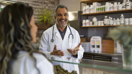 A smiling doctor cheerfully speaking with a patient in a medical dispensary.