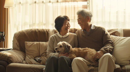 Happy elderly couple with a dog sitting on a cozy couch, gazing lovingly at each other in a sunlit room, symbolizing companionship and joy.
