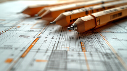 A telephoto angle photo of detailed architectural drawings and measurements on a construction plan, with a focus on the intricate lines and notes, with copy space
