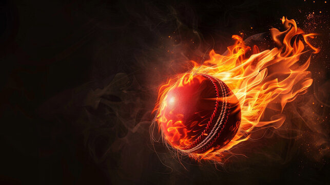 A flaming cricket ball scorches through the darkness, symbolizing intensity and passion in the sport.