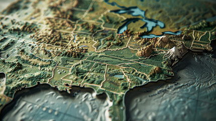 A detailed 3D topographic map of the southeastern United States showcasing terrain features such as mountains, valleys, lakes, and coastlines.