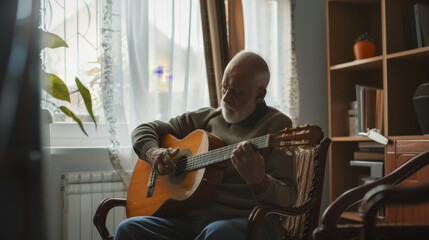 An elderly man sits by the window playing an acoustic guitar in a cozy, cluttered room filled with personal mementos and plants.