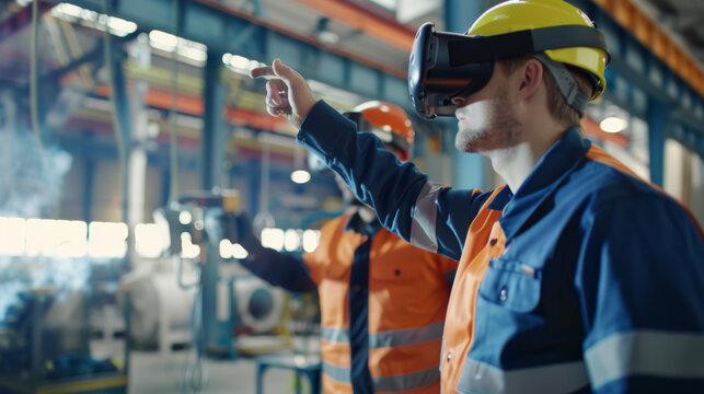 Two industrial workers in safety gear using a VR headset, demonstrating modern technological applications in a factory setting. - Powered by Adobe