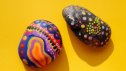 Two Painted Rocks on Yellow Background