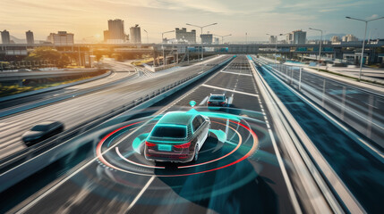 Two autonomous cars communicate and navigate a highway with cityscape in the background, showcasing advanced driving technologies.