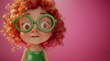Fototapeta premium A close-up of a happy animated girl in green glasses and polka dot dress against a vibrant pink background, radiating innocence and delight.