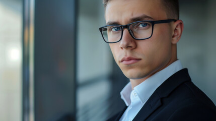 Naklejka premium A young man with glasses and a serious expression, wearing a black suit, leans against a glass window in a modern office setting.