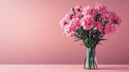 Beautiful Bouquet of Pink Carnations in a Glass Vase Against a Soft Pink Background