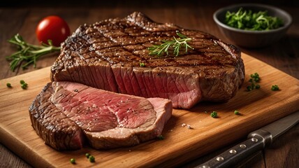 Grill Beef steak with vegetables on wood board