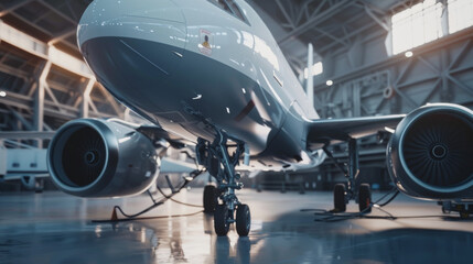 A close-up view of a sleek airplane undercarriage in a well-lit hangar, emphasizing its gleaming surface and cutting-edge engineering.