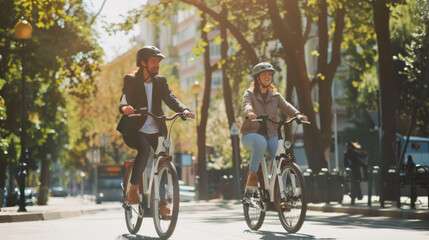 Fototapeta premium A couple rides bicycles through a sunny, tree-lined urban park, enjoying the leisurely outdoor adventure together.