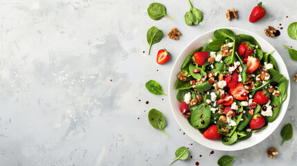 A vibrant salad with fresh spinach, strawberries, nuts, and feta cheese beautifully arranged on a light background.