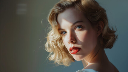 Naklejka premium Thoughtful portrait of a woman with soft blonde curls bathed in sunlight, emanating serene beauty and reflective mood.