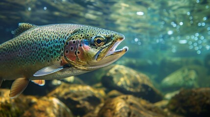 Fototapeta premium Detailed close-up of a colorful rainbow trout swimming underwater in a clear, rocky river