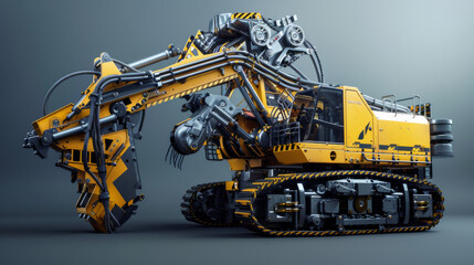 Obraz premium A futuristic yellow industrial machine, detailed and robust, showcased under dramatic lighting, evoking technological sophistication.
